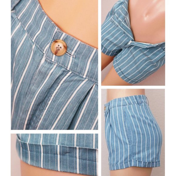 Denim Blue Striped 100% Cotton High Waist Shorts - Picture 8 of 10